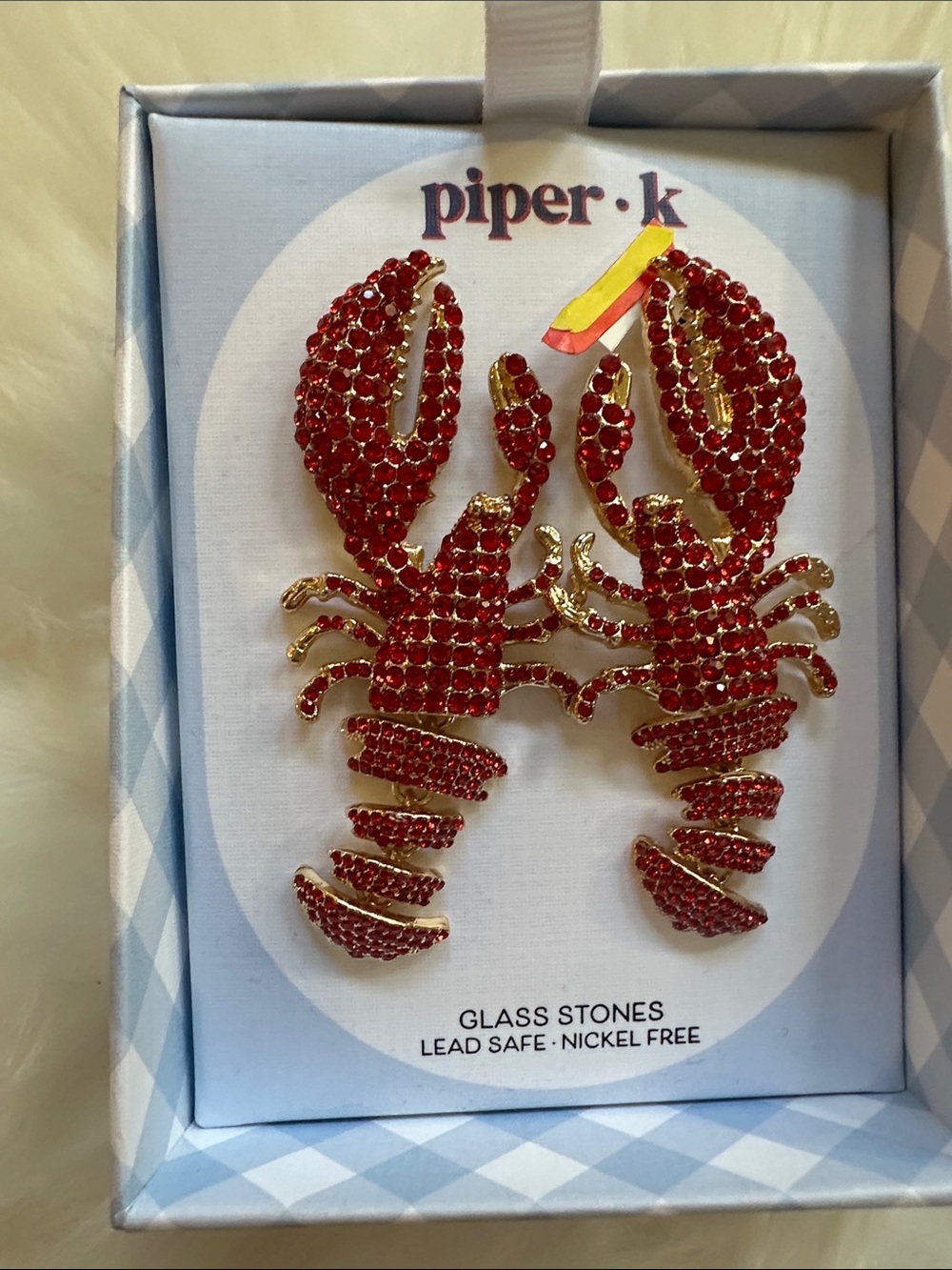 Piper Red Lobster Earrings with Sparkling Glass Stones. Tail moves.